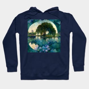 Beautiful Willow Tree Monet Impressionism Style Painting Full Moon Hoodie